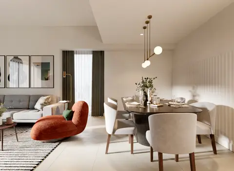 A sophisticated open-plan living and dining area features a grey sectional sofa, a unique rust-colored chaise — Business Bay