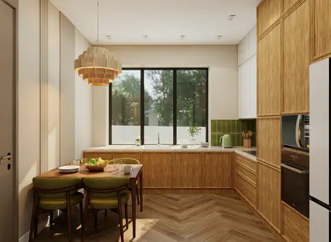 A beautifully renovated modern kitchen and dining area features warm wooden cabinetry, a striking — Anel&CO, Business Bay