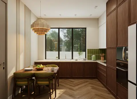 A beautifully renovated modern kitchen and integrated dining area featuring dark wood cabinetry, a — Anel&CO, Business Bay