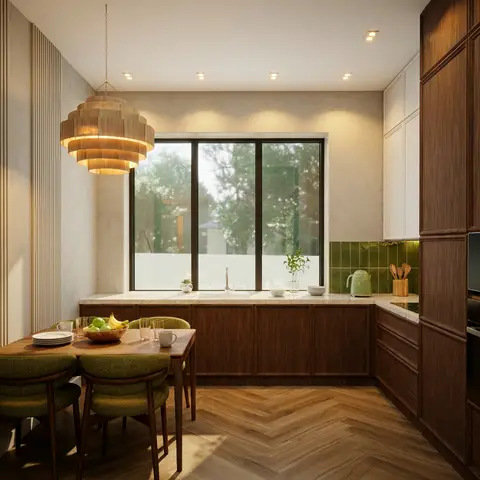 This inviting contemporary kitchen and dining area features rich dark wood cabinetry, a white marble — Anel&CO, Business Bay