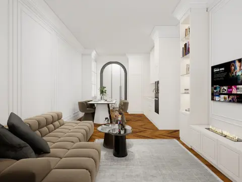 A bright, open-concept living space features a beige sectional sofa, a dining area with a white — Anel&CO, Business Bay