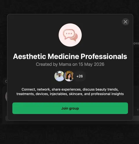 A dark-themed mobile application pop-up dialog box invites users to join the 'Aesthetic Medicine — Anel&CO, Business Bay