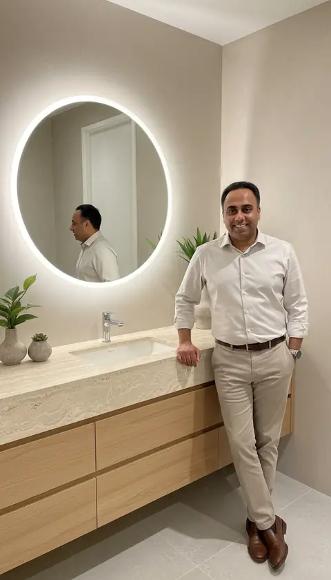 A well-dressed man smiles while leaning casually on a light travertine — Just Right Interior Decoration LLC, Dubai Marina