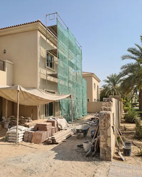 A wide environmental shot captures the active renovation of a beige-colored residential house in the UAE — Ali Mayed