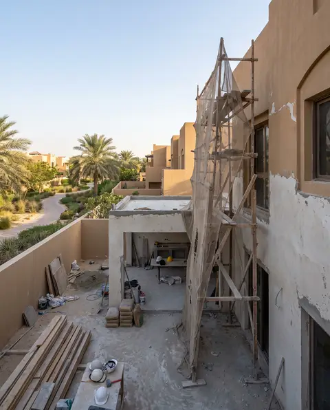 This high-angle exterior shot captures an active renovation site in a residential complex, featuring scaffolding — Ali Mayed