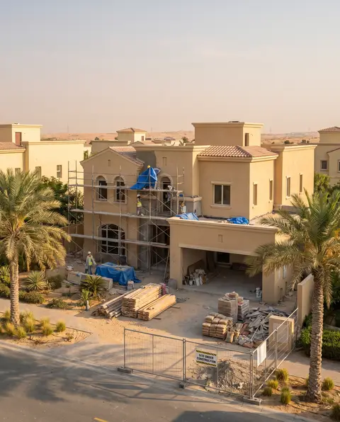An elevated wide environmental shot captures a large, beige residential house under active construction in a — Ali Mayed
