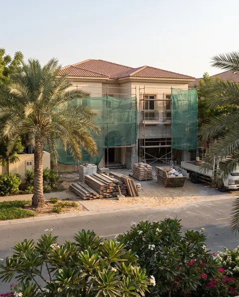 A wide environmental shot captures a modern villa under active construction in a sunny Dubai residential — Ali Mayed