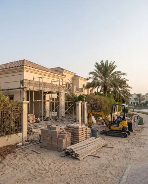 A luxurious Dubai villa undergoes exterior renovation, featuring scaffolding, stacks of building materials, a — Ali Mayed