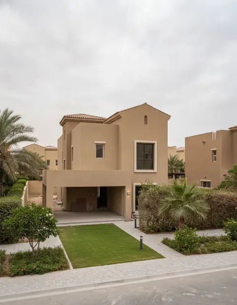 This wide environmental shot captures a newly constructed, sand-colored modern villa with an integrated carport — Ali Mayed