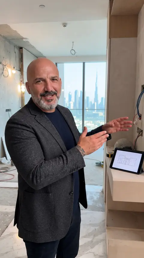 Exposed wiring and a tablet displaying a floor plan show an apartment renovation under way, with — Chadi Baaklini, Dubai