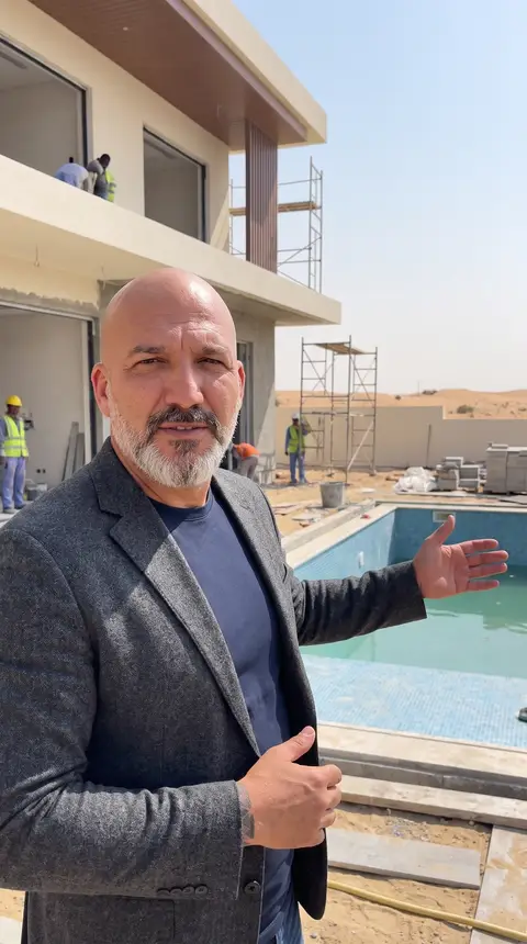 Swimming pool tiling is under way at a luxury villa construction site, with workers and desert — Chadi Baaklini, Dubai