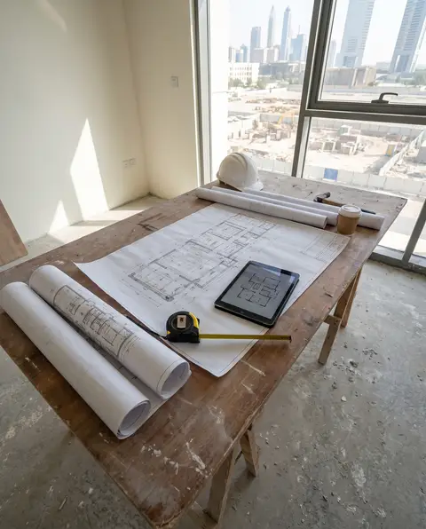 Architectural blueprints and digital floor plans on a rustic wooden table show a villa renovation — Chadi Baaklini, Dubai