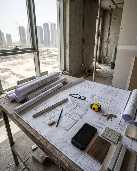 Architectural blueprints, material samples, and construction tools are laid out on a wooden — Chadi Baaklini, Dubai