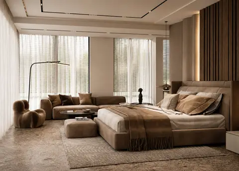 A luxurious and modern bedroom features a warm, earthy color palette, a plush bed, a separate lounge — Chadi Baaklini, Dubai