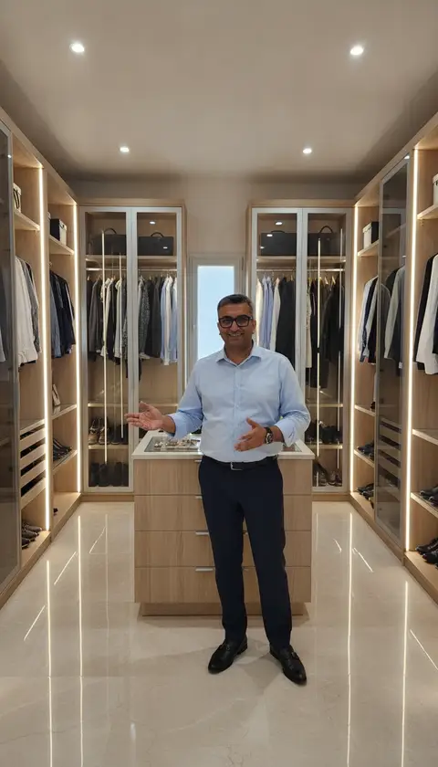 A smiling man stands confidently in a luxurious, modern walk-in closet — Lacasa Line Decoration Design And Fitout LLC, Dubai