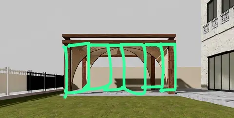 A modern architectural rendering showcases a stylish wooden pergola with an arched woven canopy, situated on a concrete 