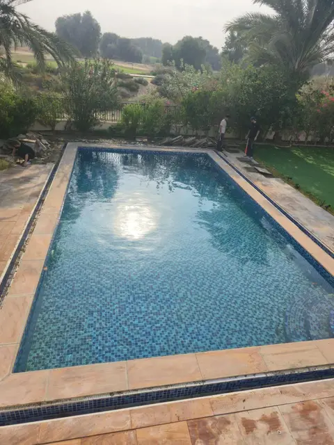 A rectangular swimming pool with blue mosaic tiles and light brown coping is under renovation, set — A&B Design & Build
