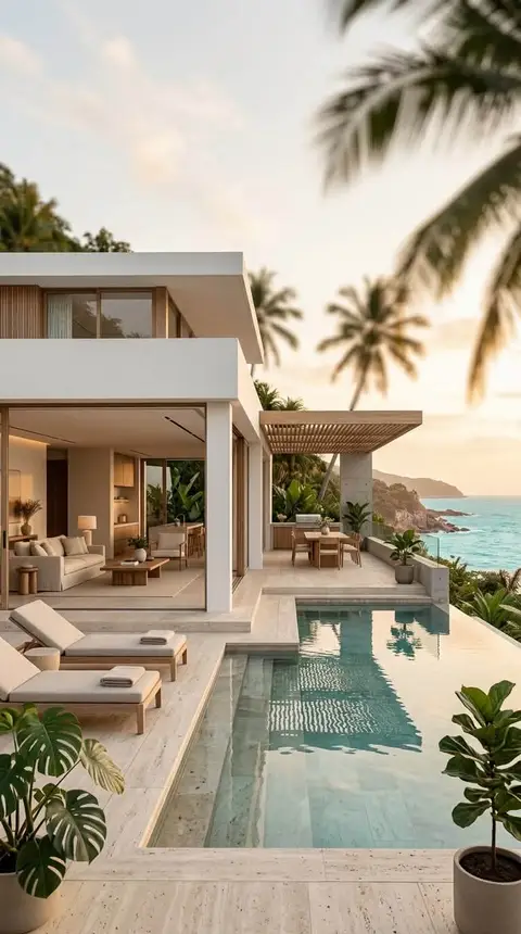A breathtaking modern luxury villa featuring an infinity pool, expansive outdoor — ROUND TRIANGLE DECORATION CO. L.L.C