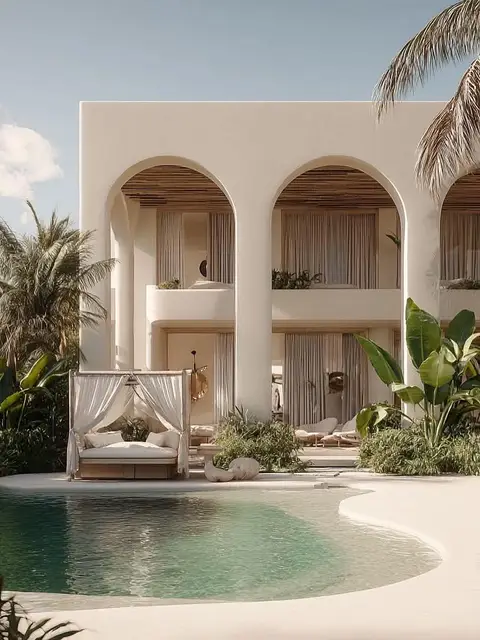 This serene exterior shot showcases a luxurious, minimalist resort-style building with — ROUND TRIANGLE DECORATION CO. L.L.C