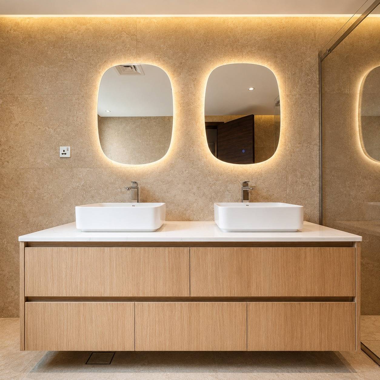 Bespoke bathroom vanity Dubai with floating double vanity in light wood veneer and white countertop