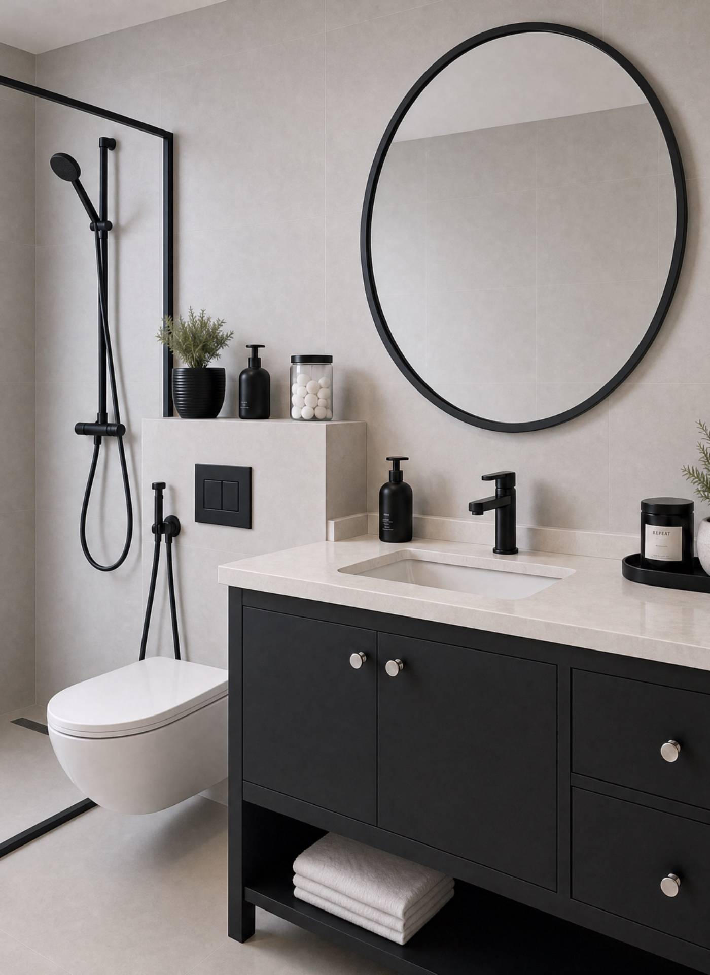 Wall hung bathroom vanity Dubai in matte black with a light beige countertop, large round mirror and floating toilet in a grey tiled bathroom