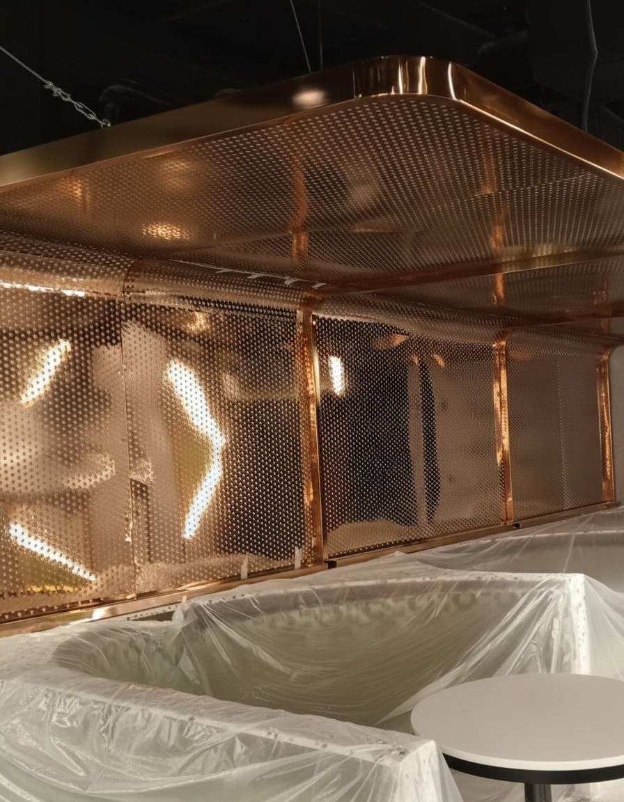 Perforated copper ceiling canopy installed in a commercial fitout by APEX STEEL WORKS, showcasing metal fabrication Abu Dhabi expertise