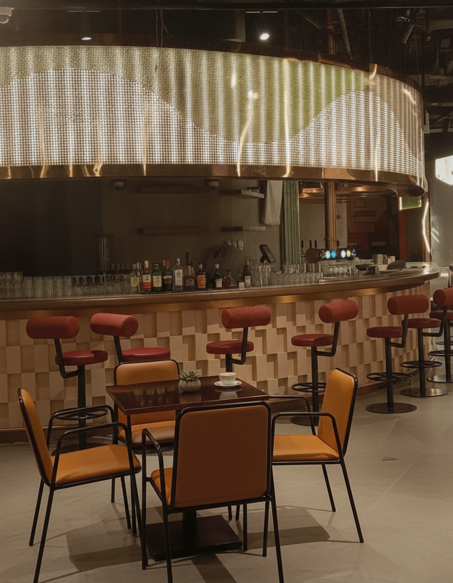 Modern illuminated bar counter with brass detailing and red bar stools