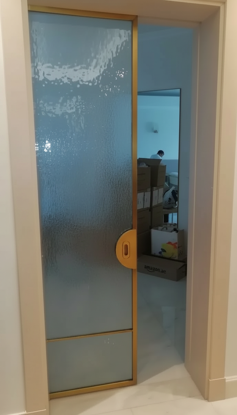 Metal fabrication Sharjah sliding door with textured glass panel and gold frame partially open to a room with moving boxes