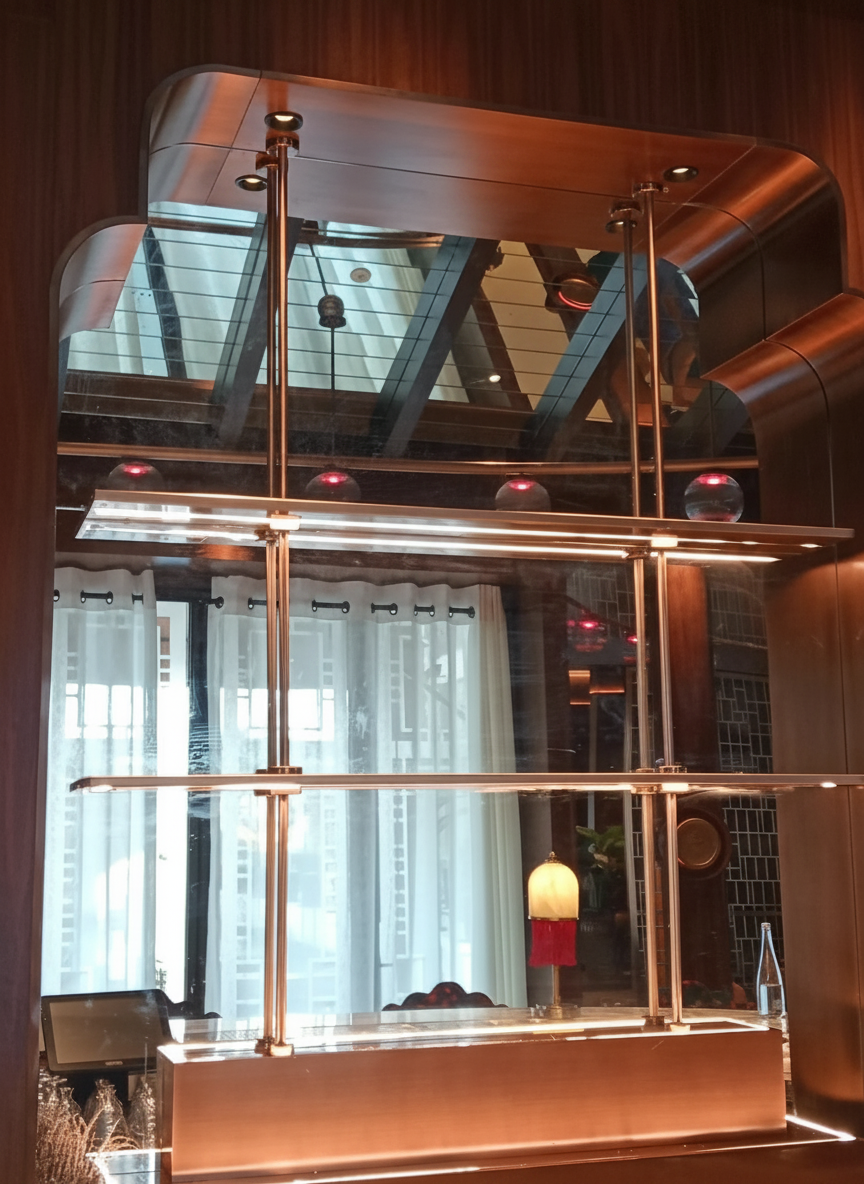 Custom steel fabricated display shelving unit with bronze uprights and glass shelves for a Dubai retail fit-out