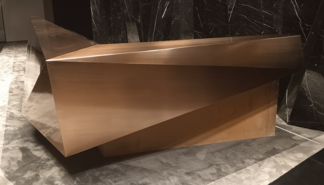 Custom metallic fabricated counter with faceted design for a Dubai commercial project by APEX STEEL WORKS