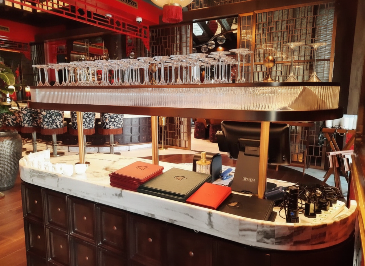 Luxury restaurant bar counter fabricated by APEX Steel Works, featuring white marble and intricate steel detailing for a commercial fit-out project.