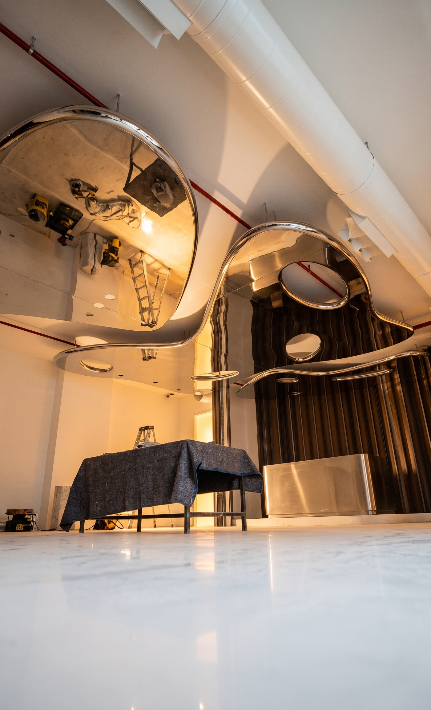 Low-angle wide view of a luxurious commercial interior under construction with polished curved metal ceiling panels, white marble floor, red fire pipes and white HVAC ducts
