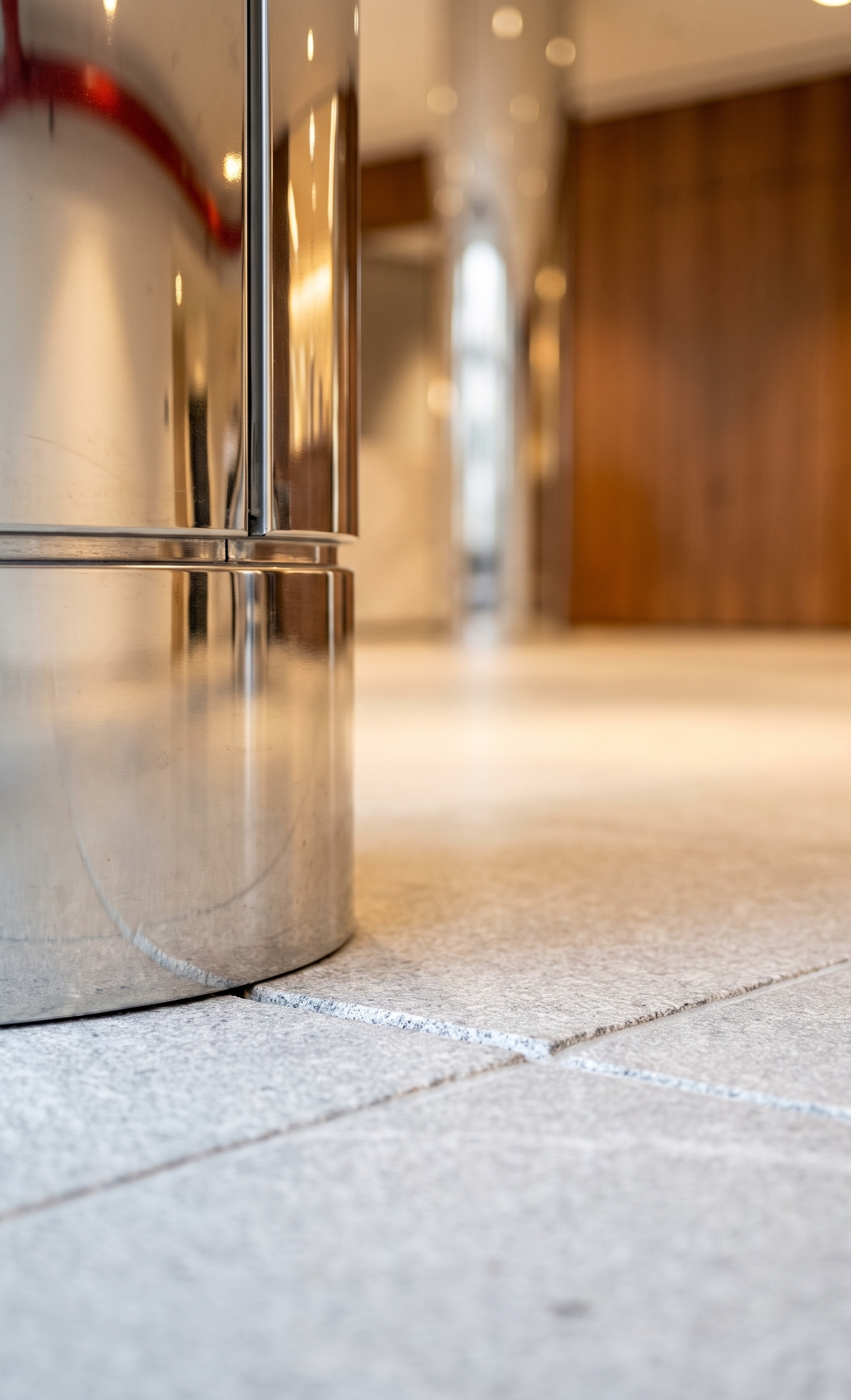 Polished metal architectural column base fabricated by APEX STEEL WORKS, installed in a Dubai residential corridor