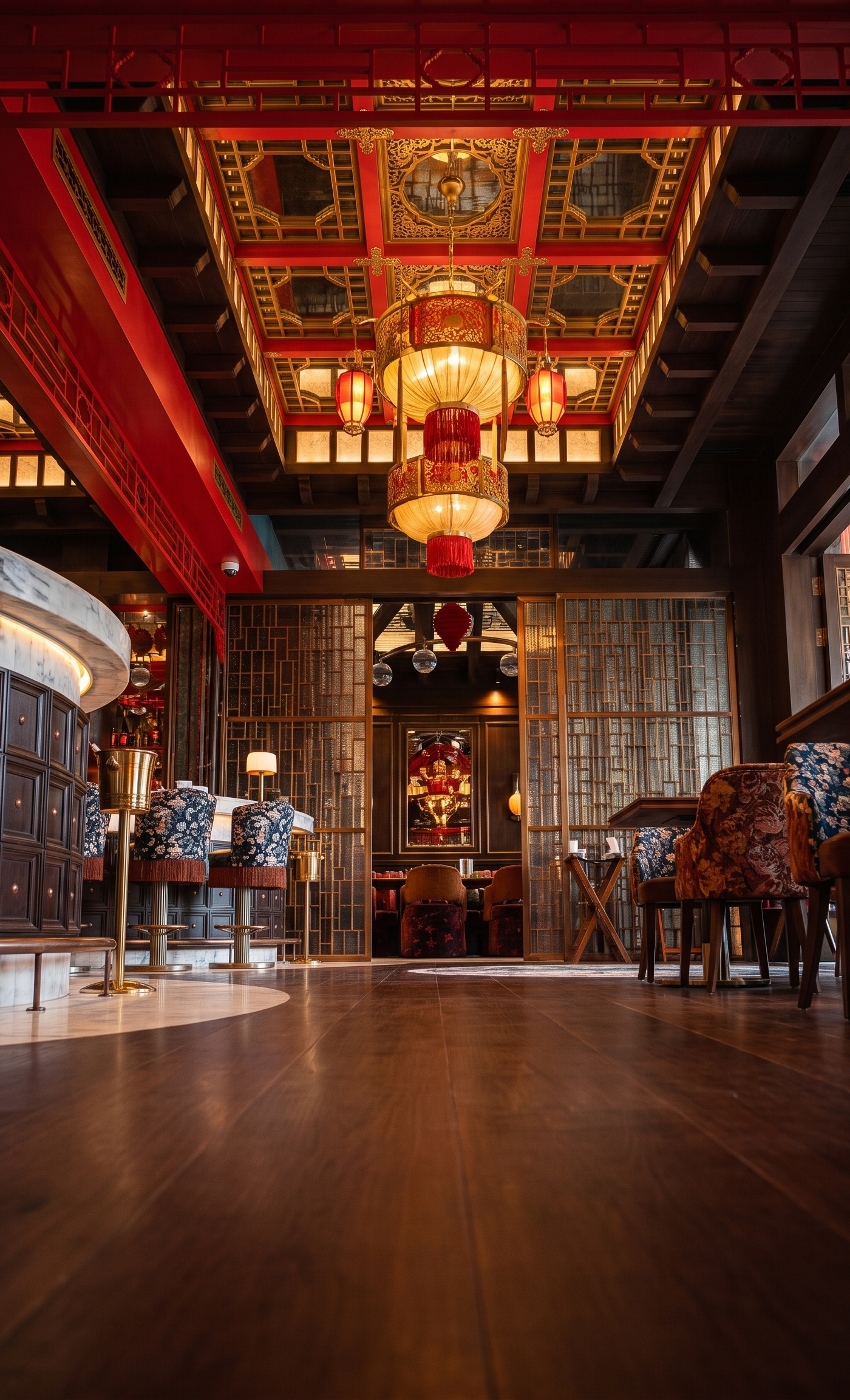 Ornate bar and dining area steelwork with red and gold ceiling, curved white marble bar and dark wood paneling