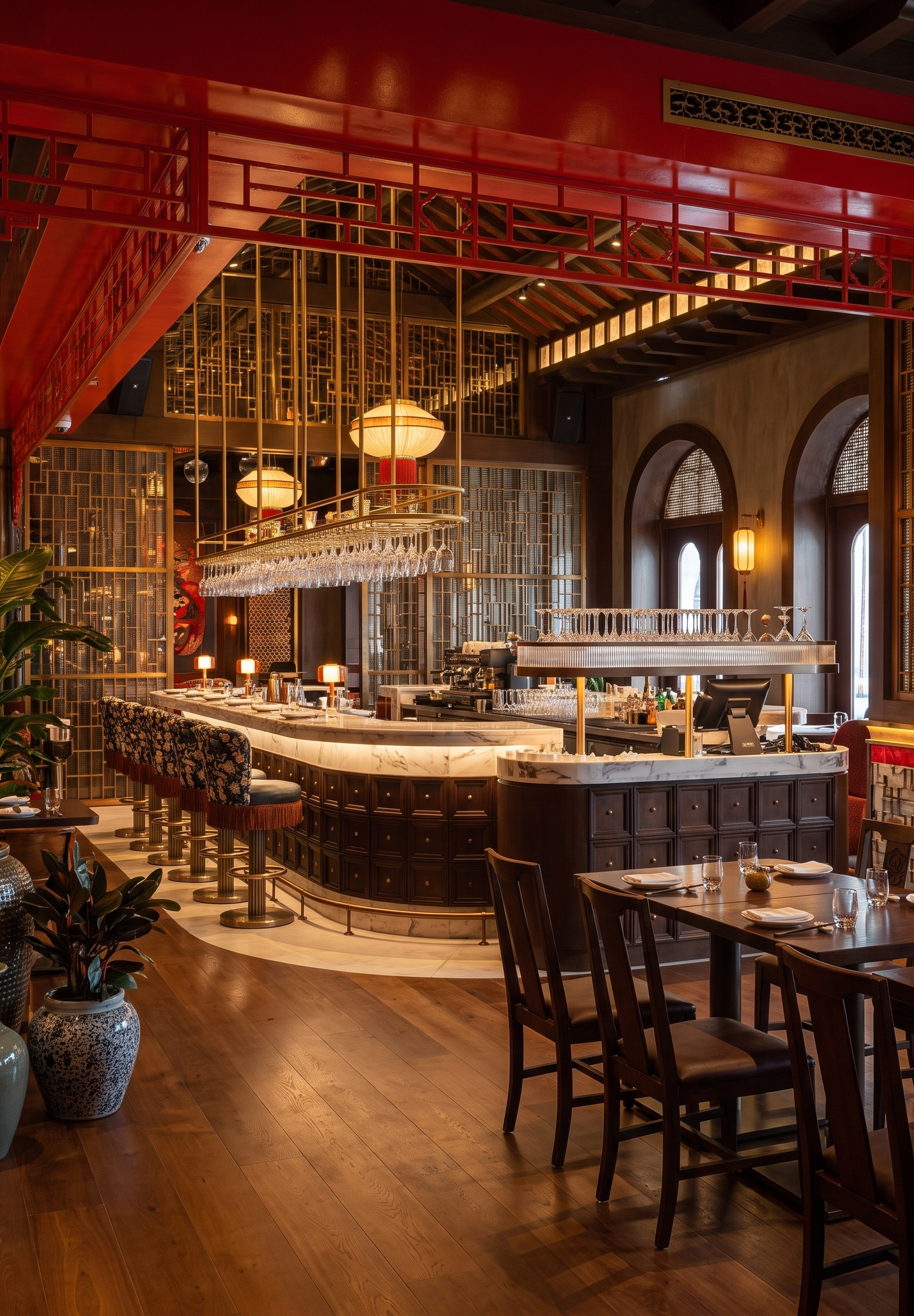 Luxurious restaurant interior with white marble bar and floral stools