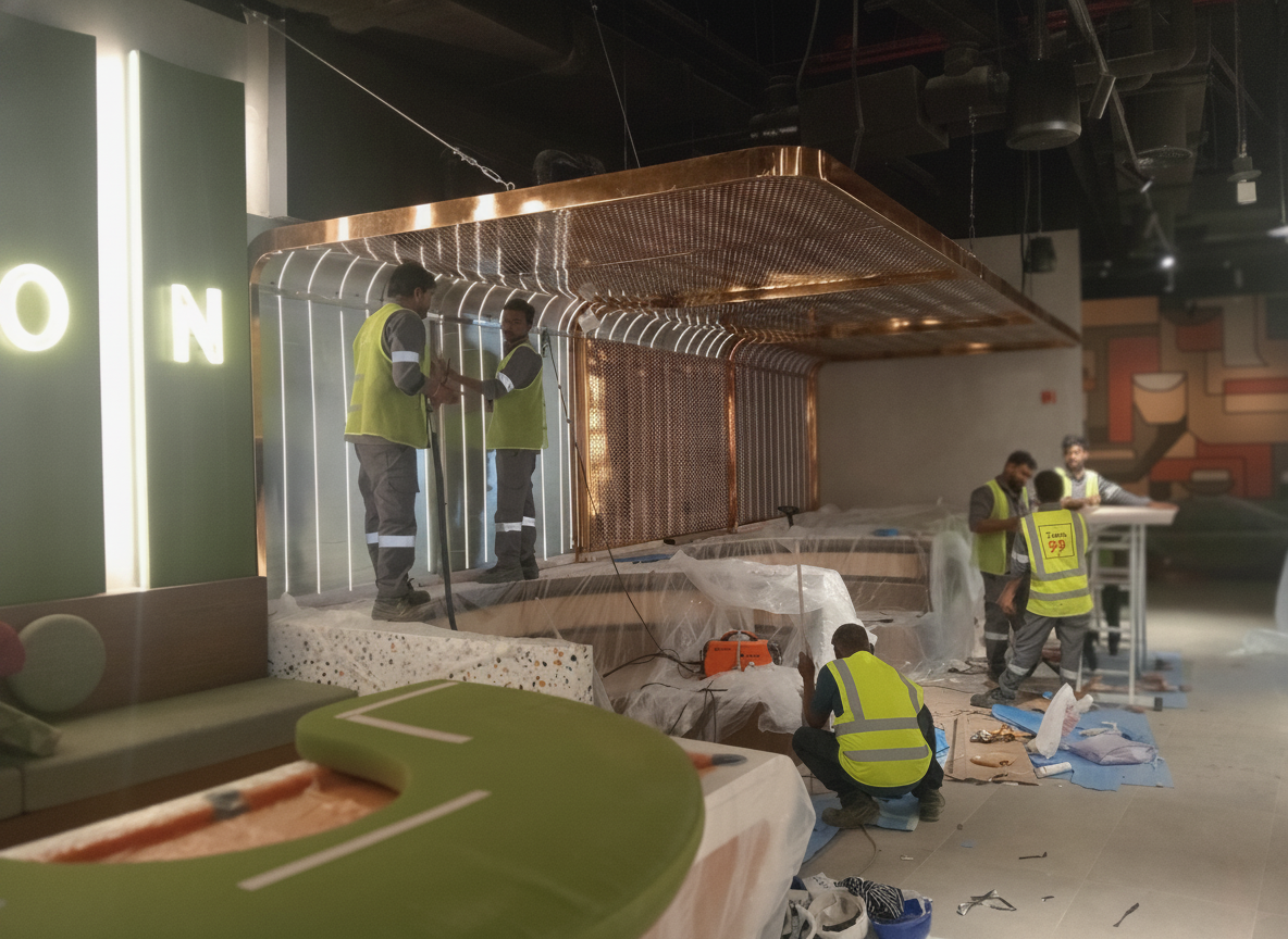 Workers installing a gold perforated metal ceiling feature