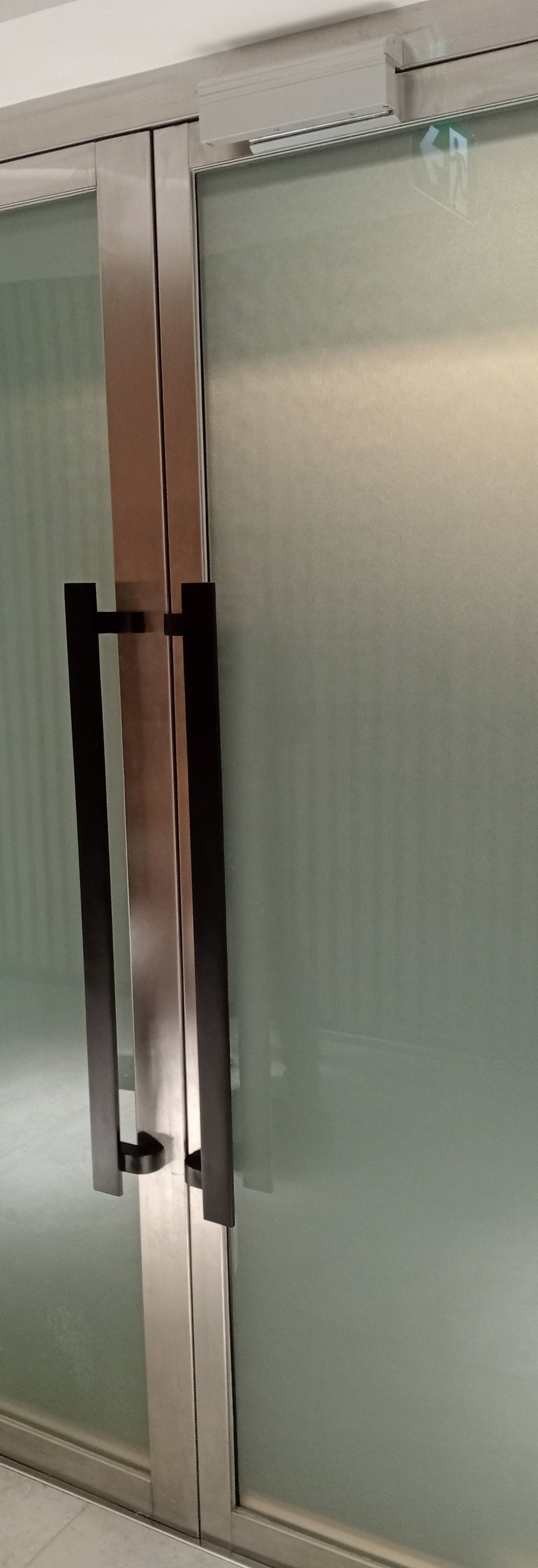 Brushed stainless steel double door frame with frosted glass panels and black pull handles installed by APEX Steel Works, a <a href=