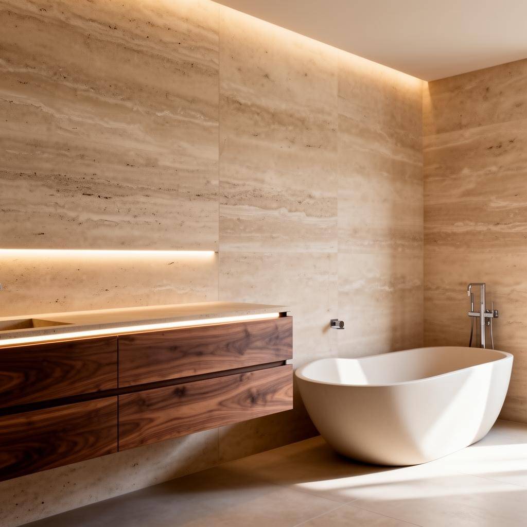Bathroom in a Dubai home with warm travertine walls, a floating walnut vanity with LED lighting and a freestanding white bathtub