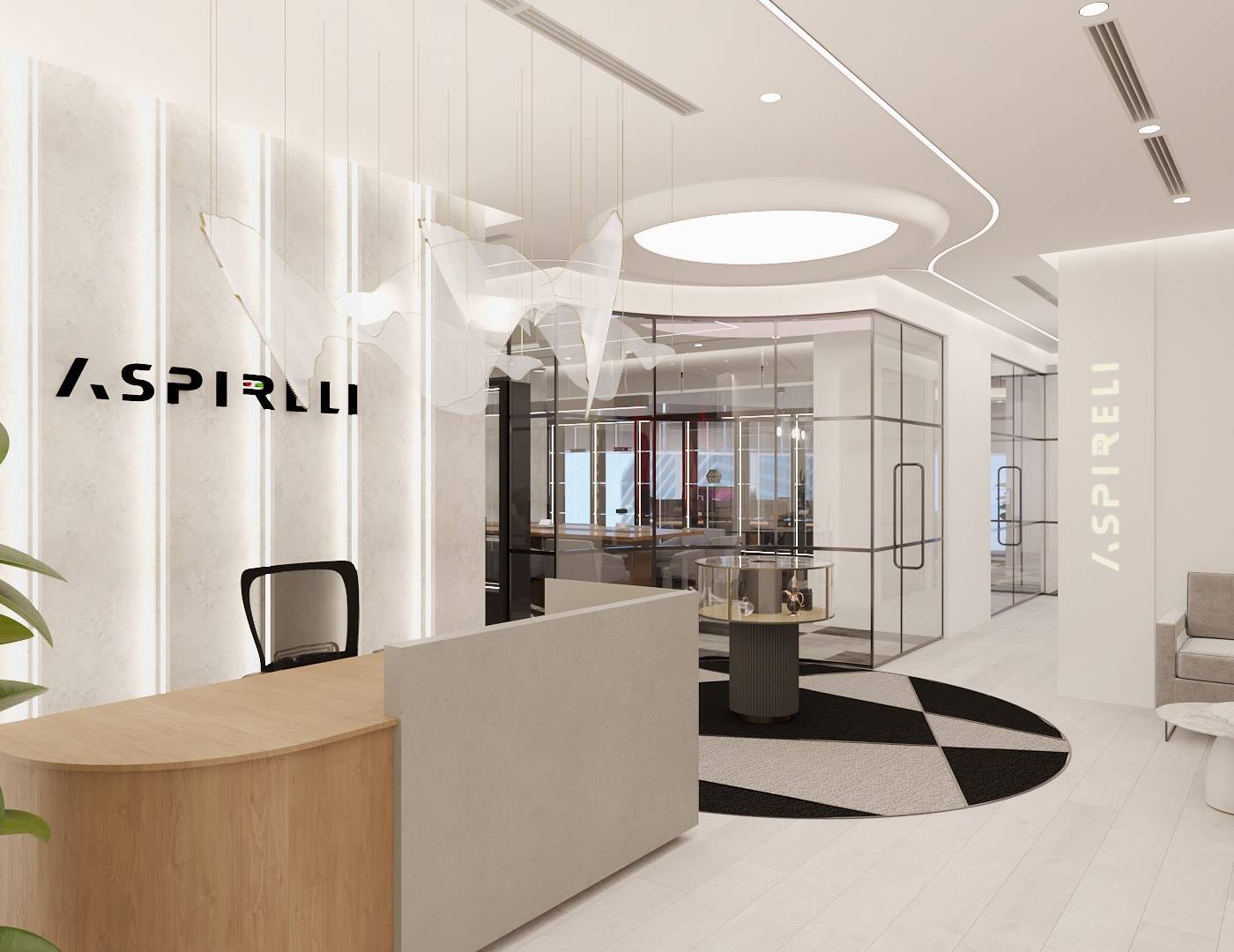 Reception area of a turnkey office fit out in Dubai with a curved light wood desk, a backlit branded wall and grey waiting seating beside a marble coffee table