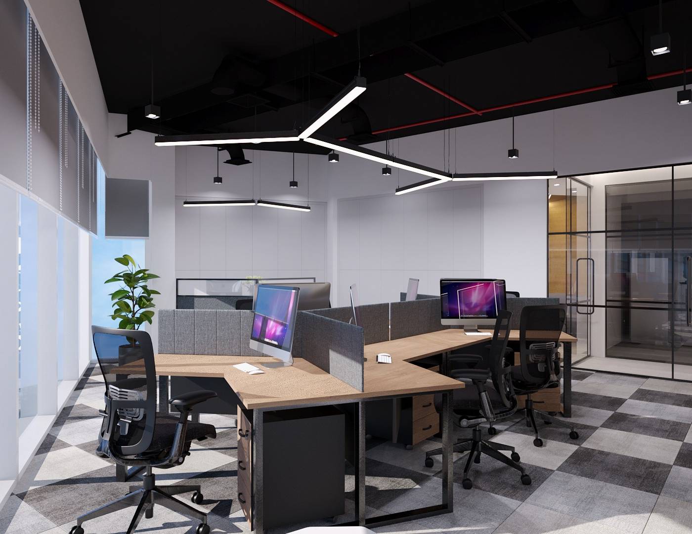 Open plan office interior fit out in Dubai with light wood workstations, grey acoustic dividers, a black ceiling with geometric linear LED lighting, checkered carpet and vertical blinds