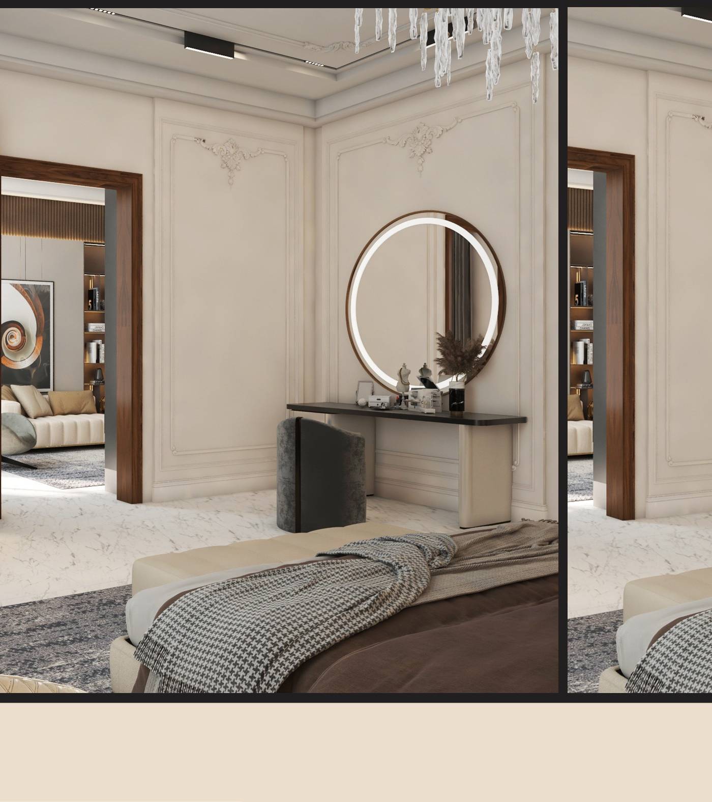 3D render of a bedroom reading nook with quilted armchair, built-in bookshelf, dressing table with round illuminated mirror and wall moldings