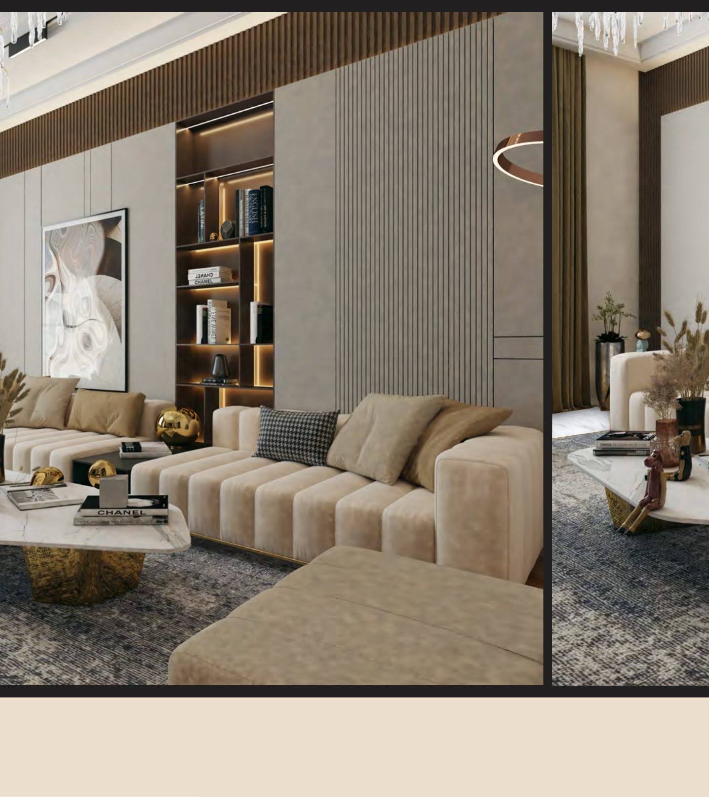 3D render of a living room design concept with a beige channel tufted sectional sofa, a marble coffee table with a gold base and a green swivel armchair against fluted wall panels