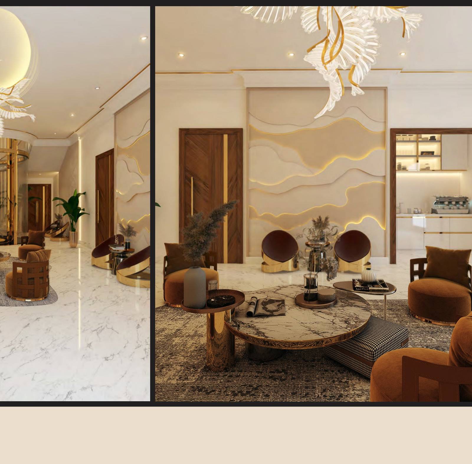 Grand main hall with gold and white chandelier and polished white marble floors