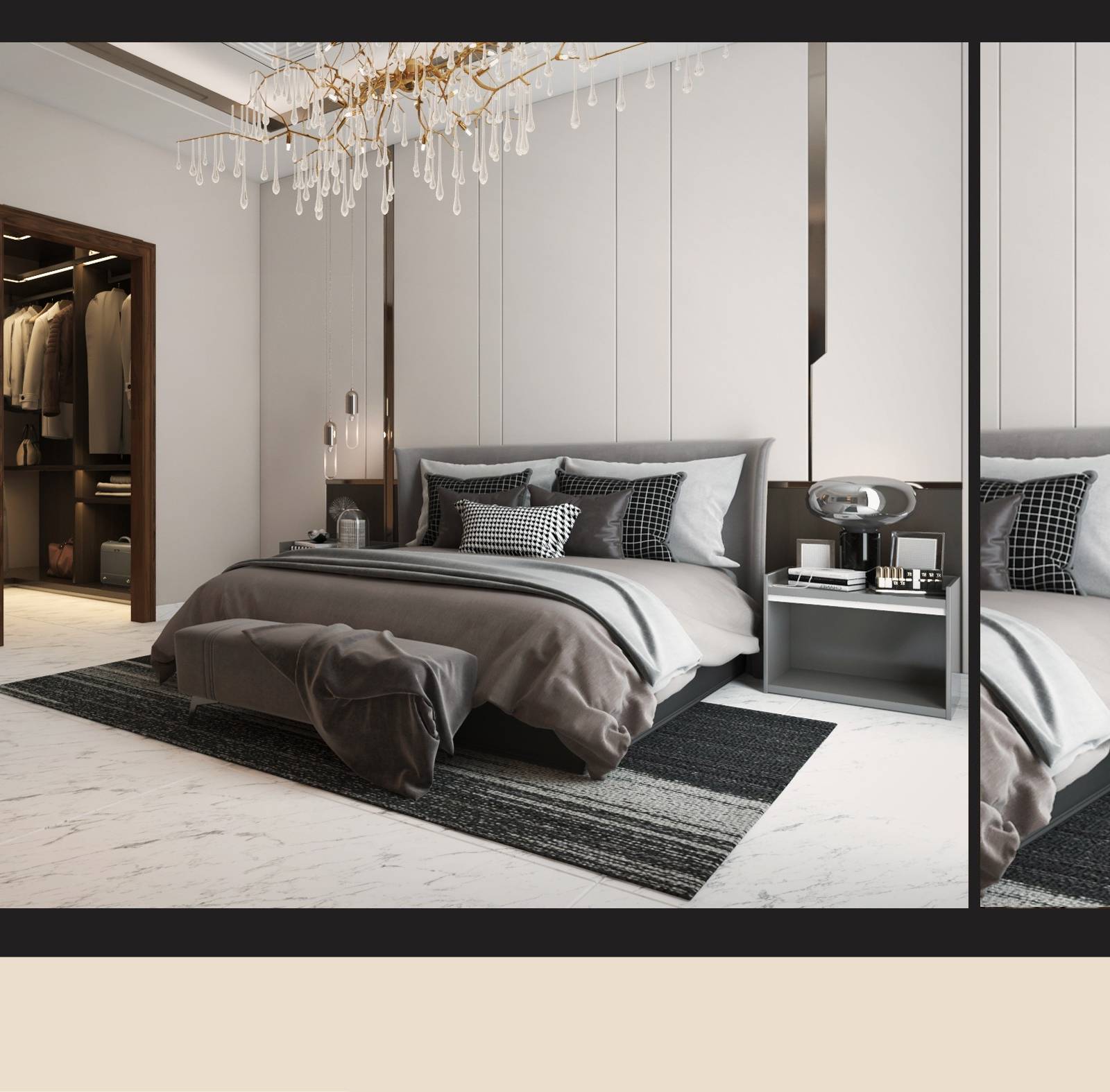Guest bedroom with grey upholstered bed and white panelled walls