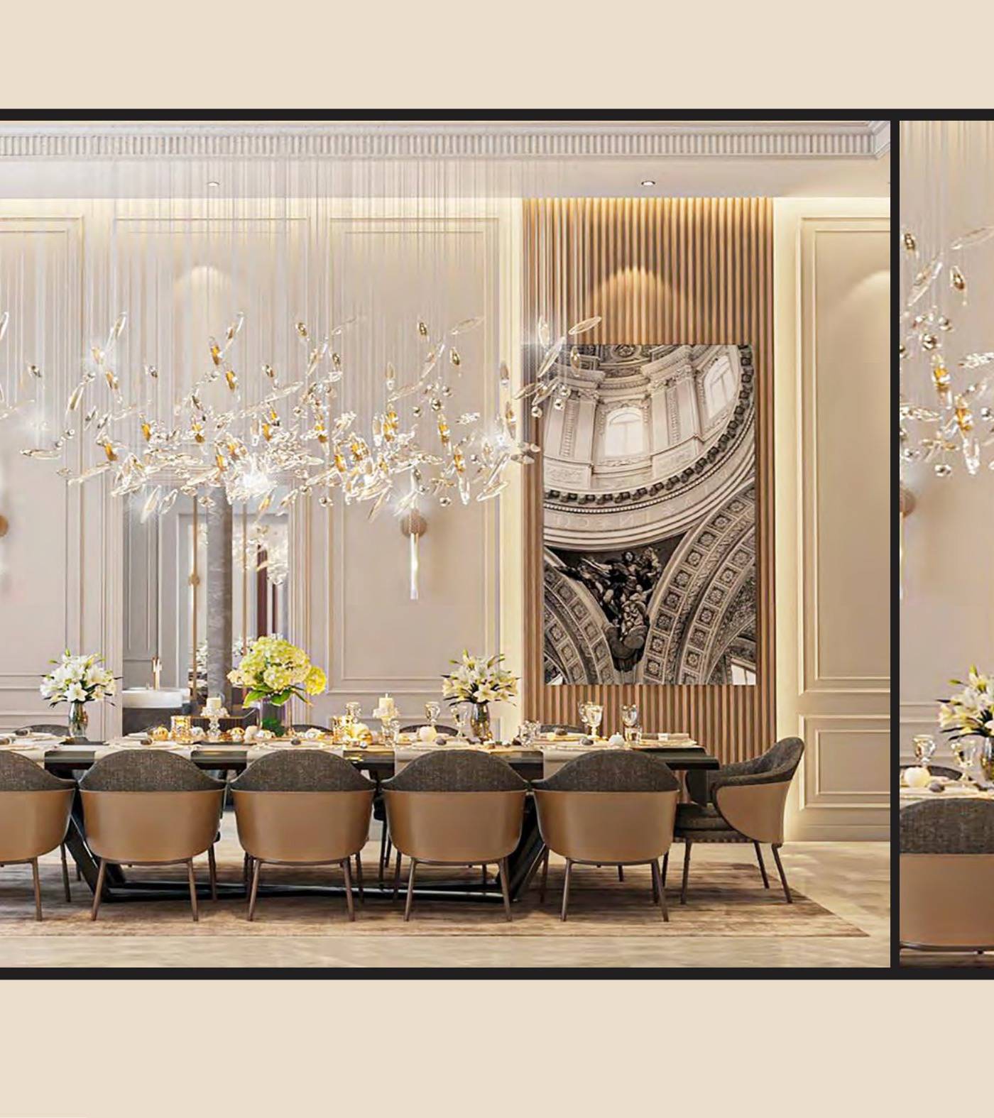 3D render of a formal dining space with a dark wood table, upholstered chairs, a crystal chandelier and classic wall paneling, prepared as a design concept for bespoke joinery