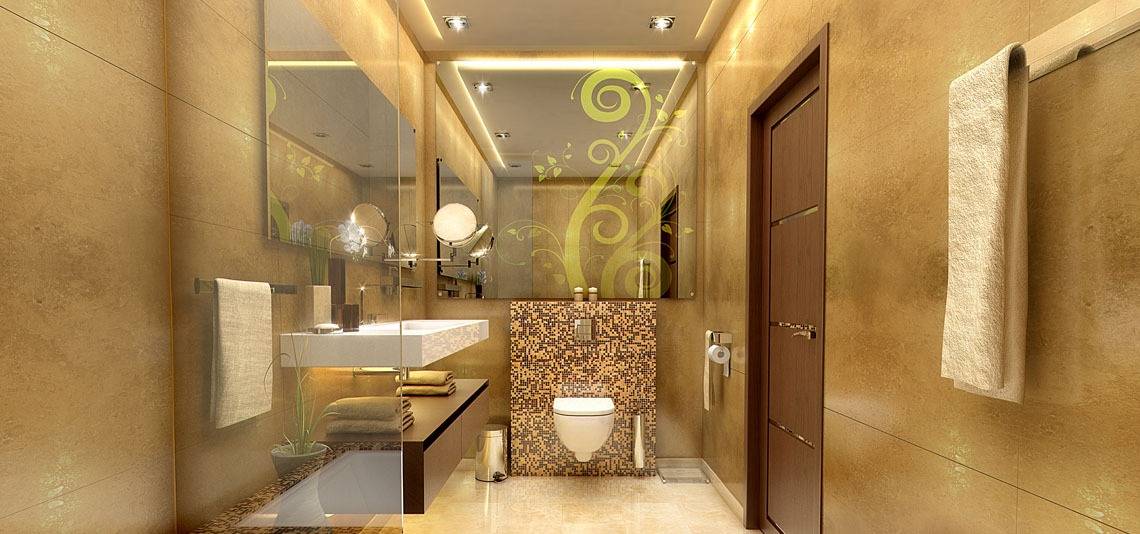 Completed bathroom fit out with beige marble look tiles, floating vanity, wall mounted toilet and mosaic feature wall