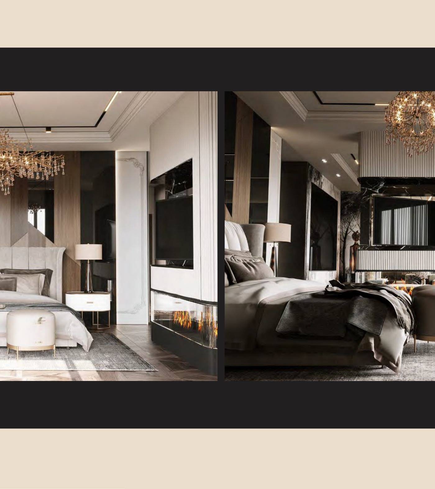 3D render of a master bedroom design concept showing a grand bed with a statement chandelier and a seating area with an integrated linear fireplace and TV in a neutral palette