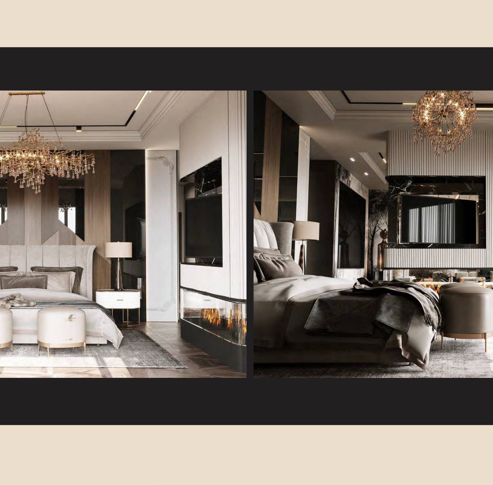 3D visualization of a master bedroom with statement chandelier and seating area