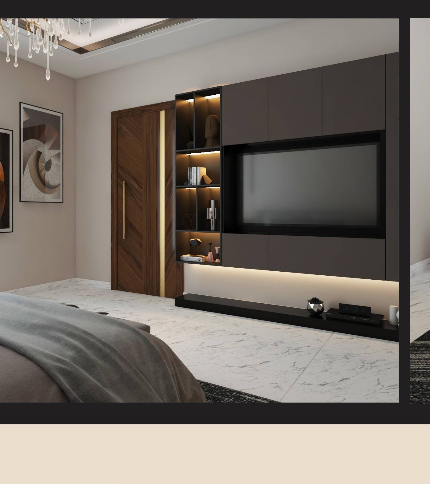 3D render of a luxury guest bedroom with chevron-patterned wooden doors, a dark grey integrated TV unit with warm LED-lit shelving and white marble flooring