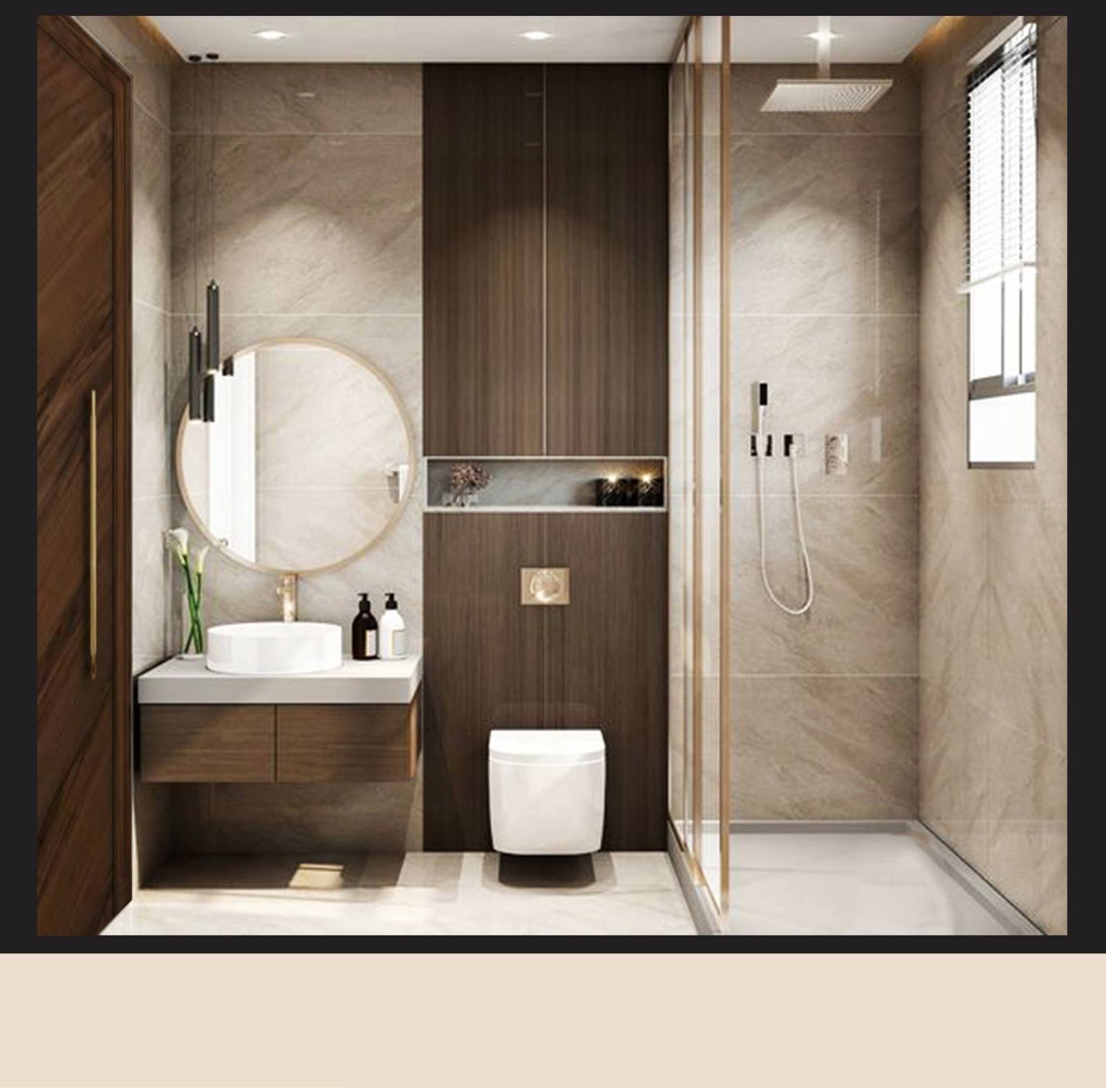 3D visualization of a modern guest bathroom with floating dark wood vanity